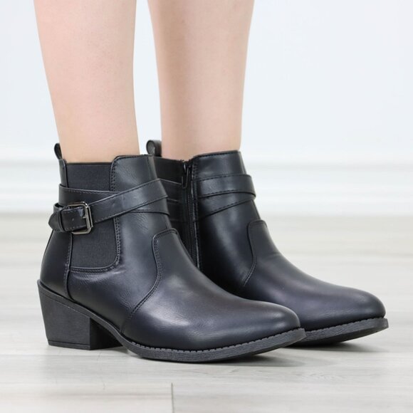 Black Ankle Boots Buckle Strap Faux Leather Low Heel Pointed Toe - Picture 2 of 11
